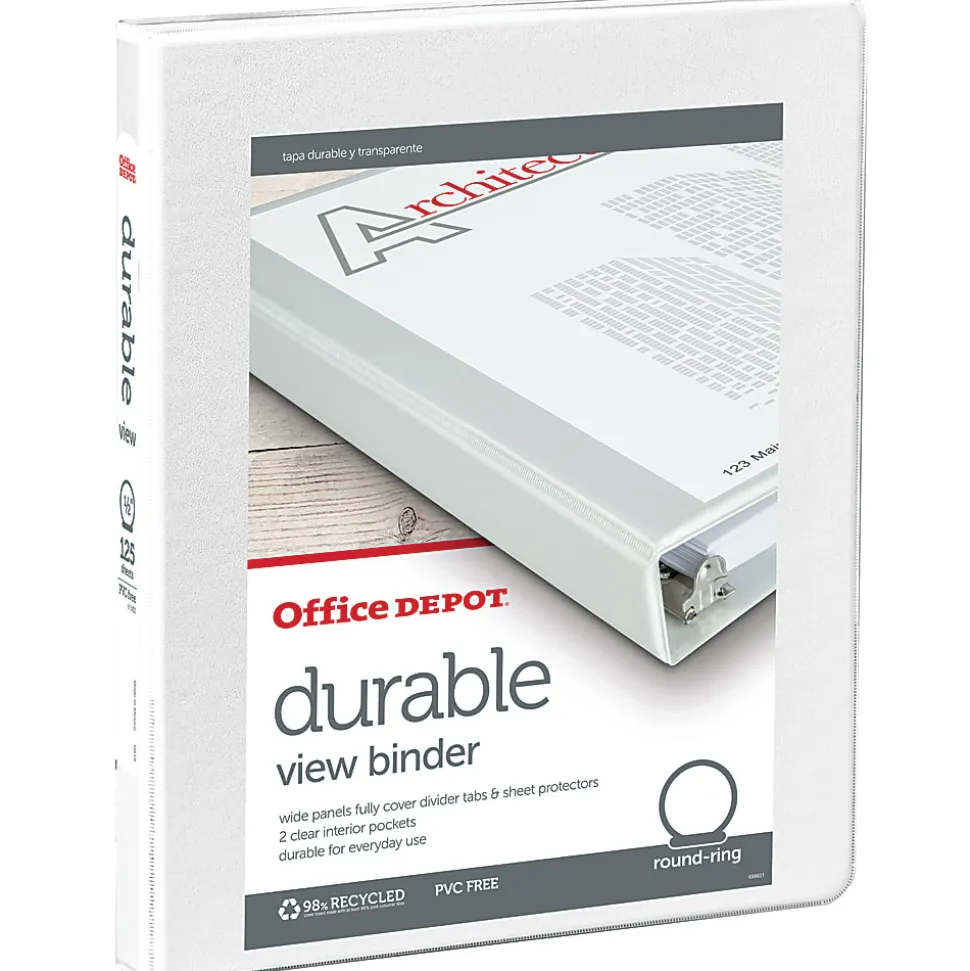 Office Depot® Brand Durable View 3-Ring Binder, 1/2" Round Rings, White, OD02959