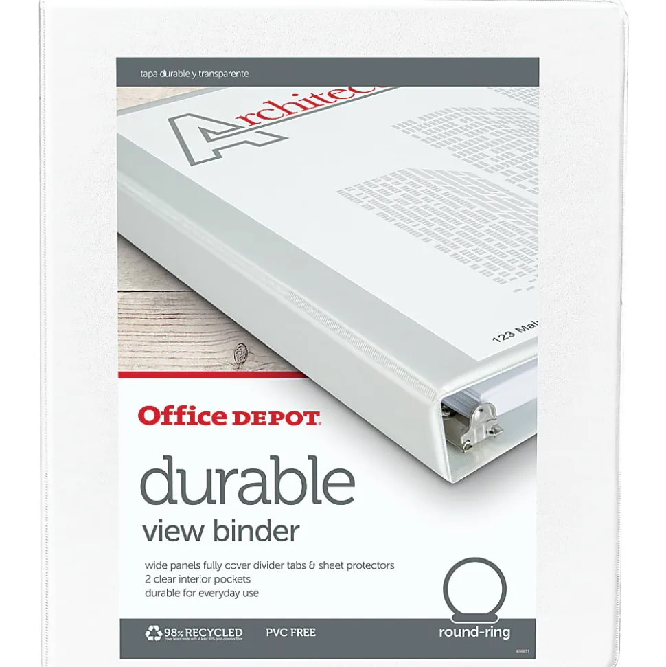 Office Depot® Brand Durable View 3-Ring Binder, 1/2" Round Rings, White, OD02959