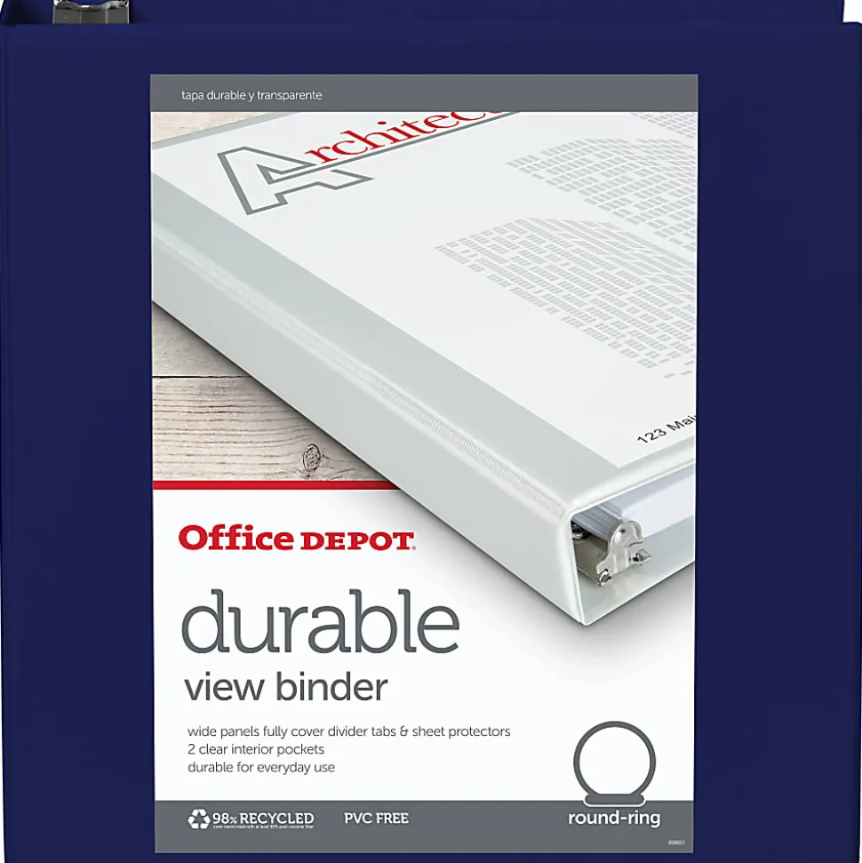 Office Depot® Brand Durable View 3-Ring Binder, 2" Round Rings, Blue