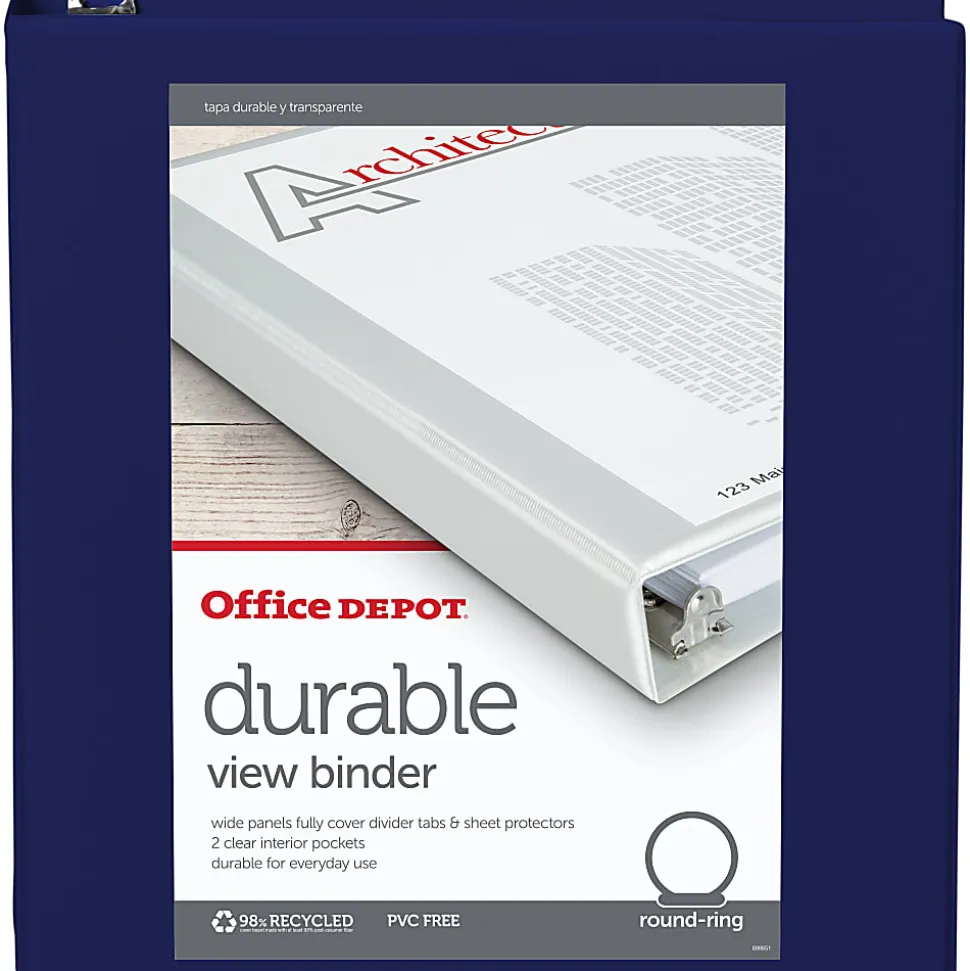 Office Depot® Brand Durable View 3-Ring Binder, 1 1/2" Round Rings, Blue
