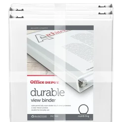 Office DepotĀ® Brand Durable View 3-Ring Binder, 1 1/2" Round Rings, White, Pack Of 4