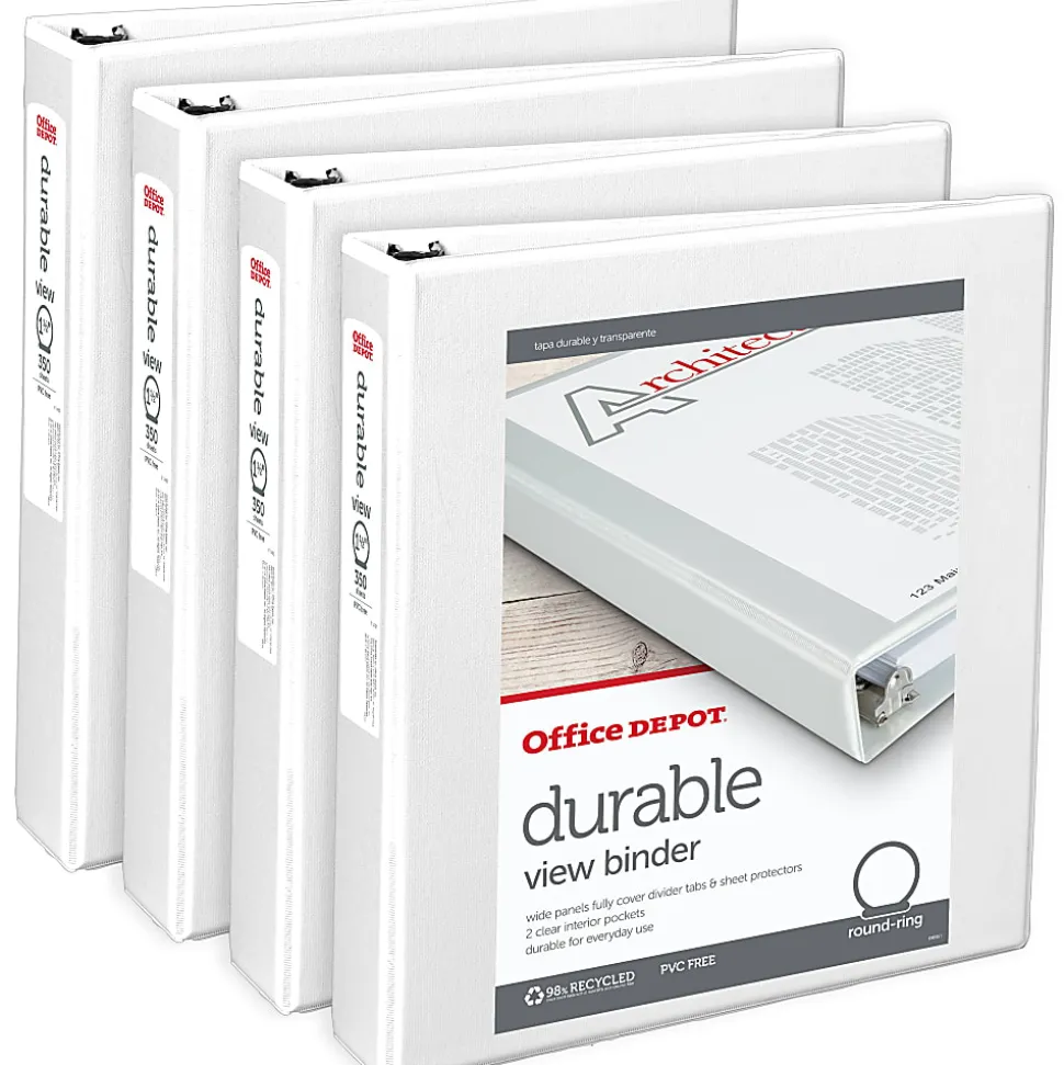 Office Depot® Brand Durable View 3-Ring Binder, 1 1/2" Round Rings, White, Pack Of 4