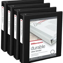 Office Depot® Brand Durable View 3-Ring Binder, 1 1/2" Round Rings, Black, Pack Of 4
