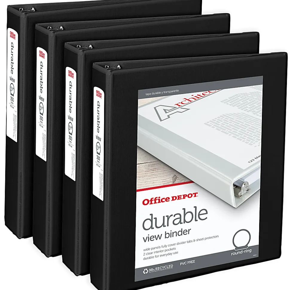 Office Depot® Brand Durable View 3-Ring Binder, 1 1/2" Round Rings, Black, Pack Of 4
