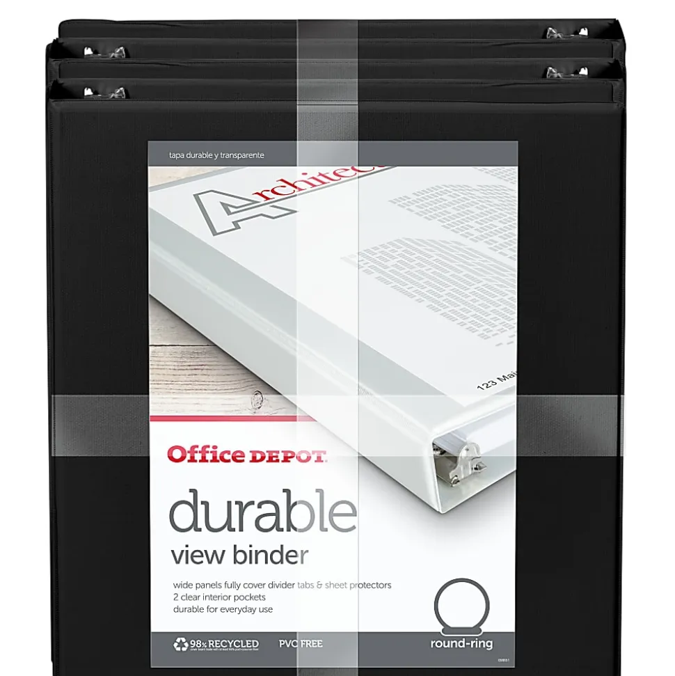 Office Depot® Brand Durable View 3-Ring Binder, 1 1/2" Round Rings, Black, Pack Of 4