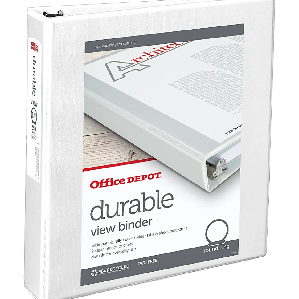 Office Depot® Brand Durable View 3-Ring Binder, 1 1/2" Round Rings, White, OD02961
