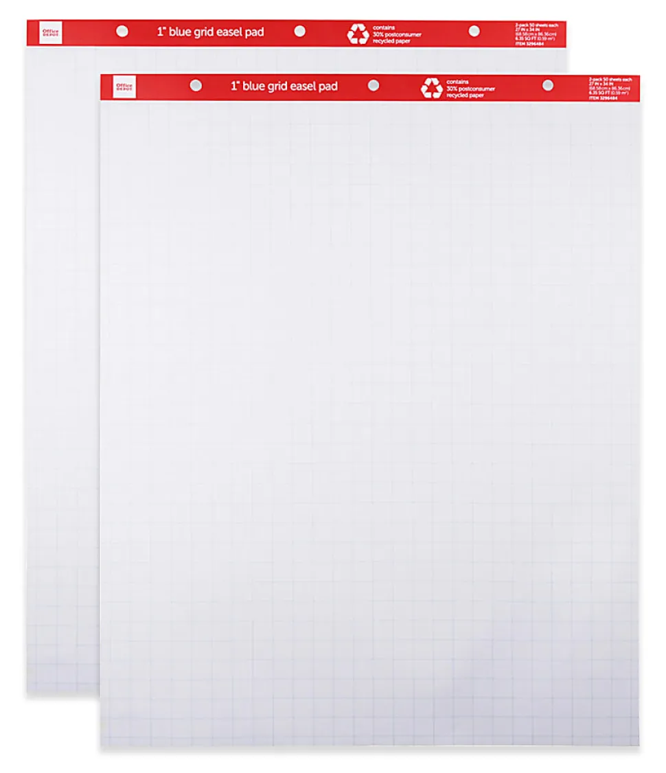 Office Depot® Brand Easel Pads, 27" x 34", 1" Blue Grid, 50 Sheets, 30% Recycled, Pack Of 2