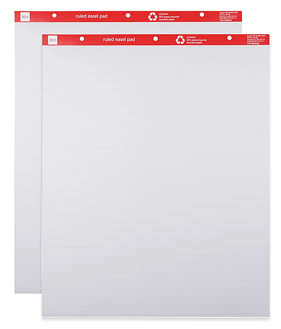Office Depot® Brand Easel Pads, 27" x 34", Ruled, 50 Sheets, 30% Recycled, White, Pack Of 2