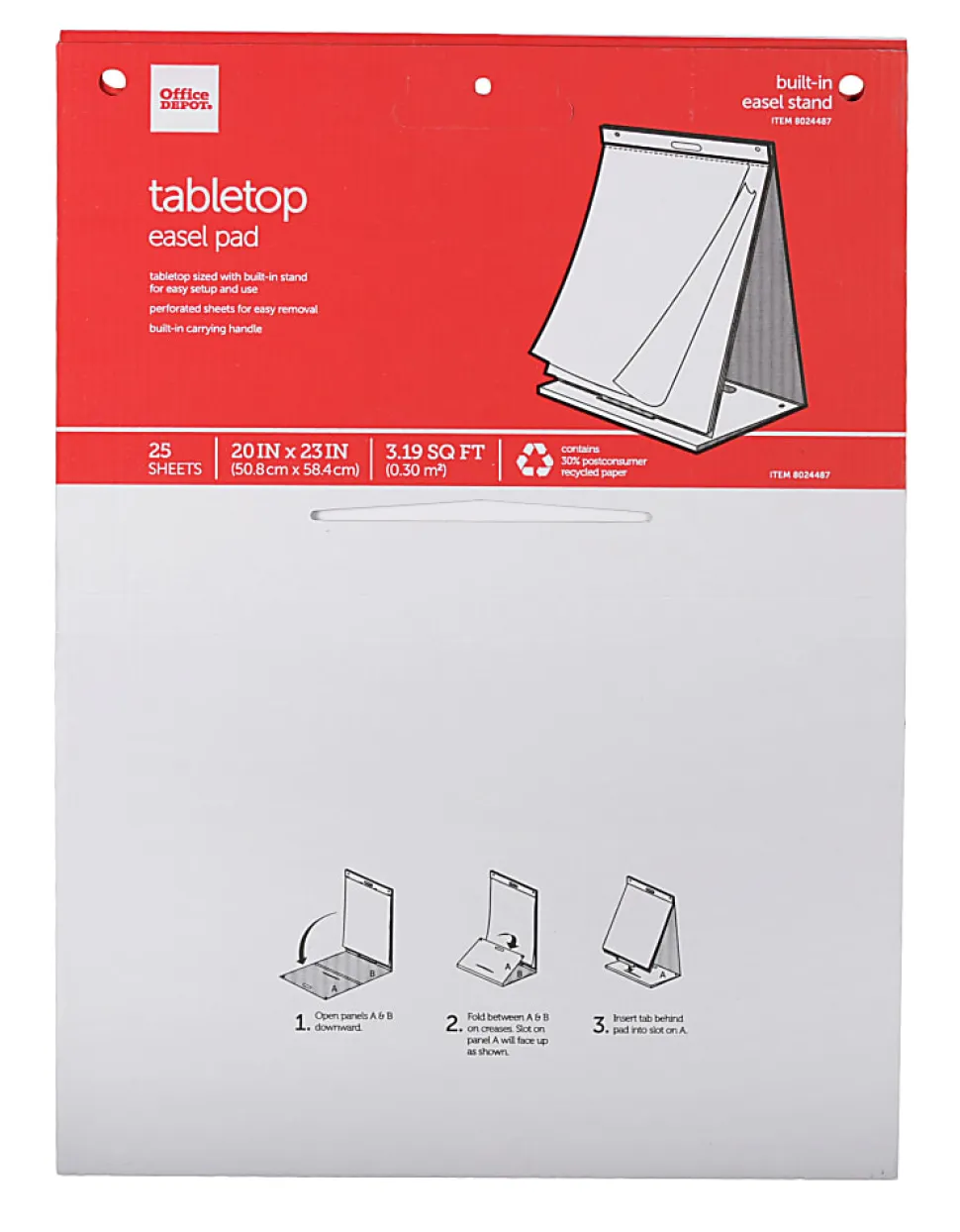 Office Depot® Brand Easel Pad, 20" x 23", Tabletop with Built-In Stand, 25 Sheets, 30% Recycled, White