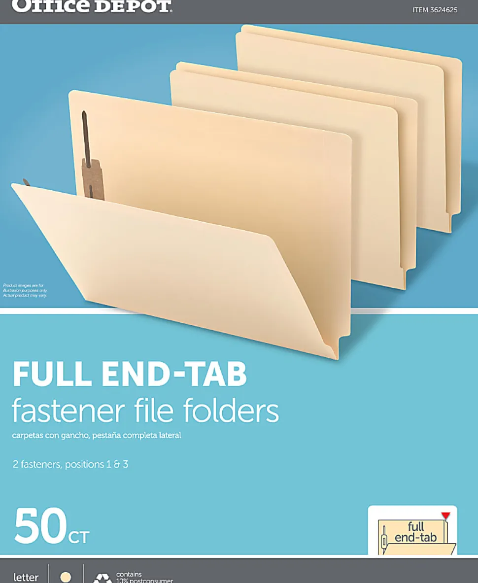 Office Depot® Brand End Tab Fastener Folders, 2 Bonded Fasteners, Straight-Cut Tabs, Letter Size, Manila, Box Of 50