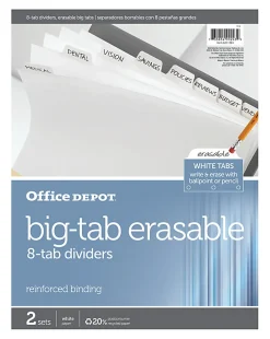 Office Depot® Brand Erasable Big Tab Dividers, 8-Tab, White, Pack Of 2 Sets