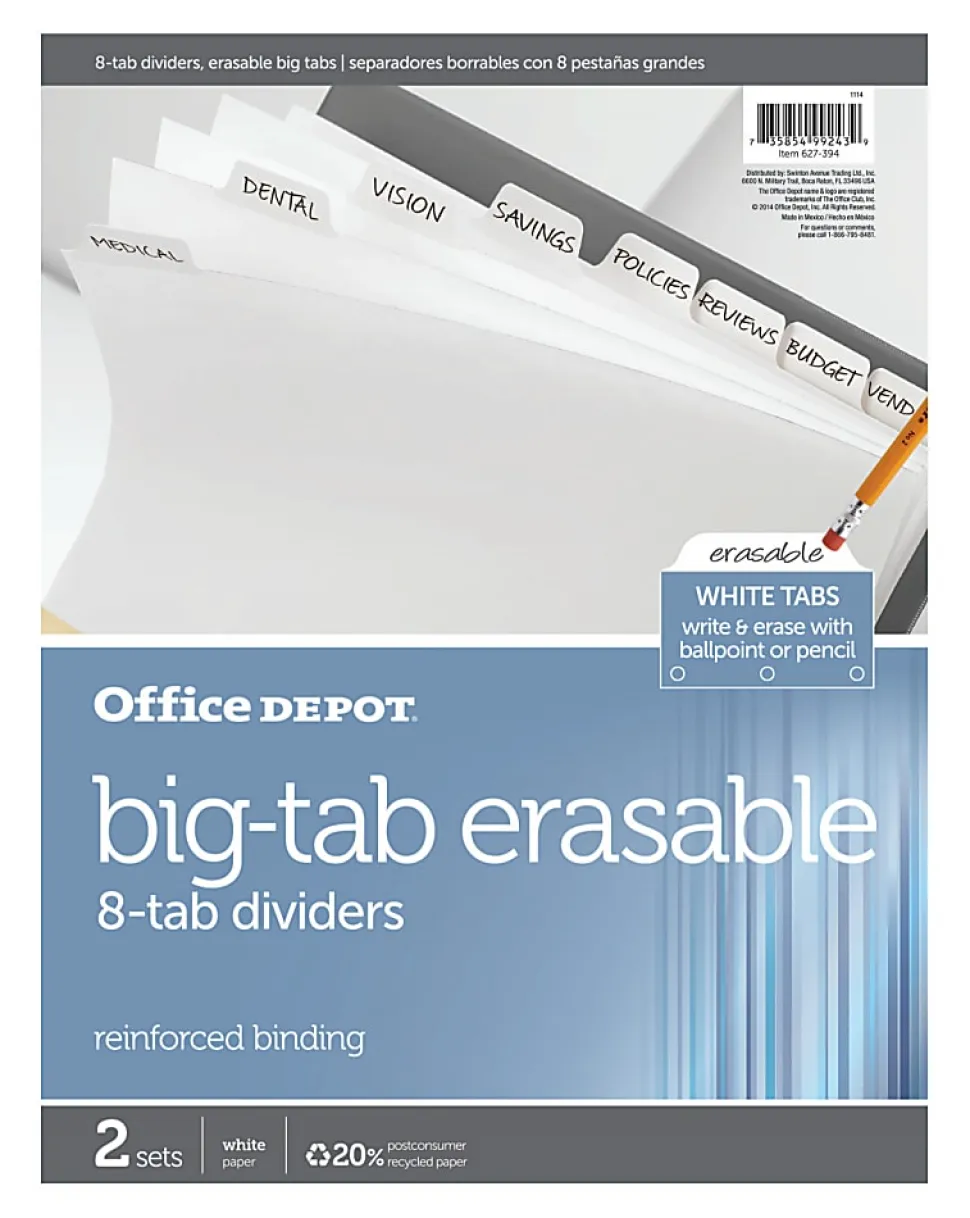Office Depot® Brand Erasable Big Tab Dividers, 8-Tab, White, Pack Of 2 Sets