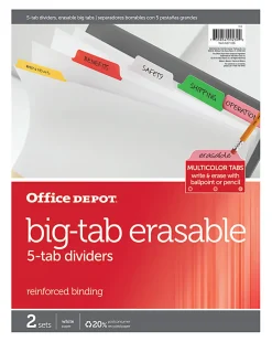 Office Depot® Brand Erasable Big Tab Dividers, 5-Tab, Multicolor, Pack Of 2 Sets