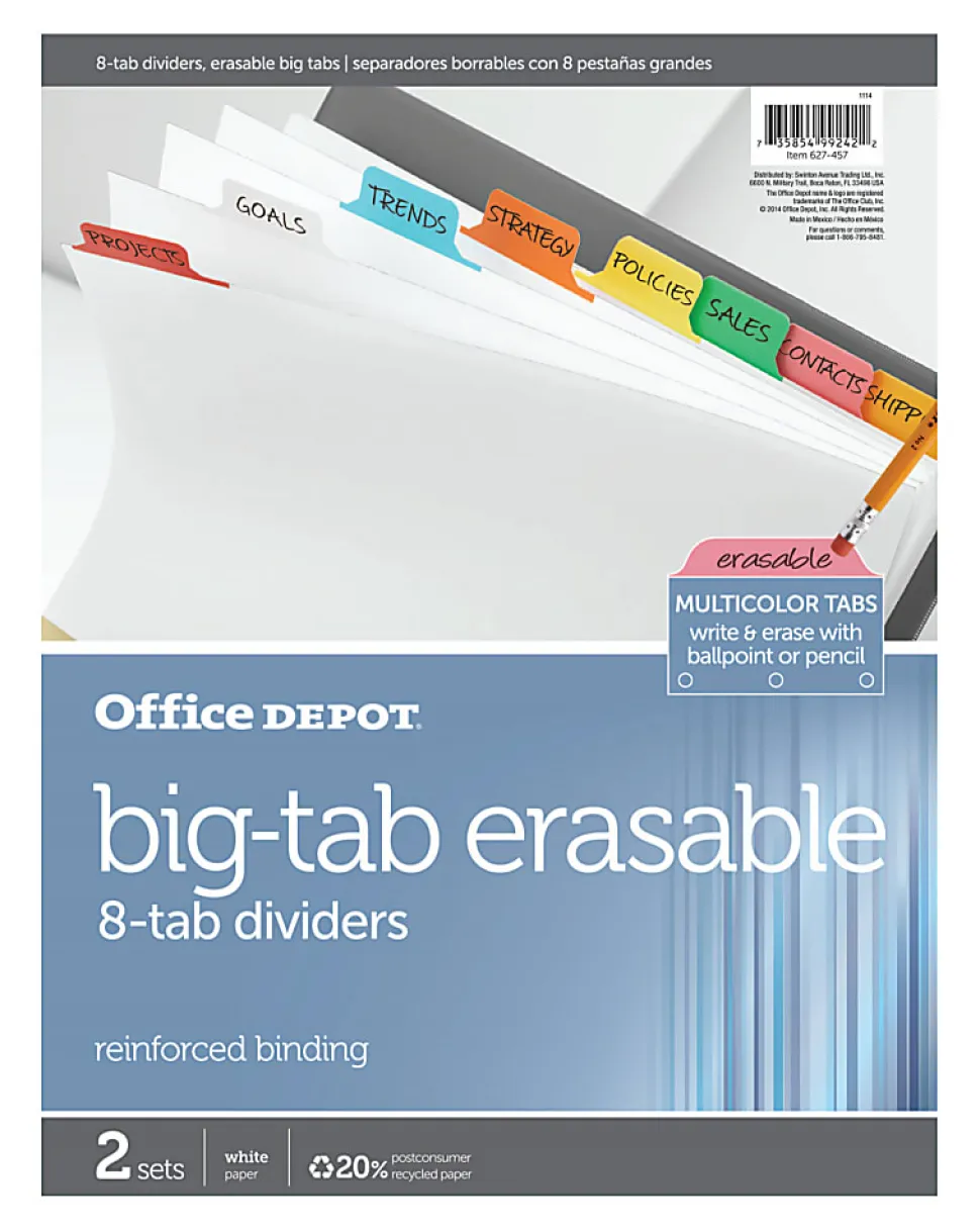 Office Depot® Brand Erasable Big Tab Dividers, 8-Tab, Multicolor, Pack Of 2 Sets