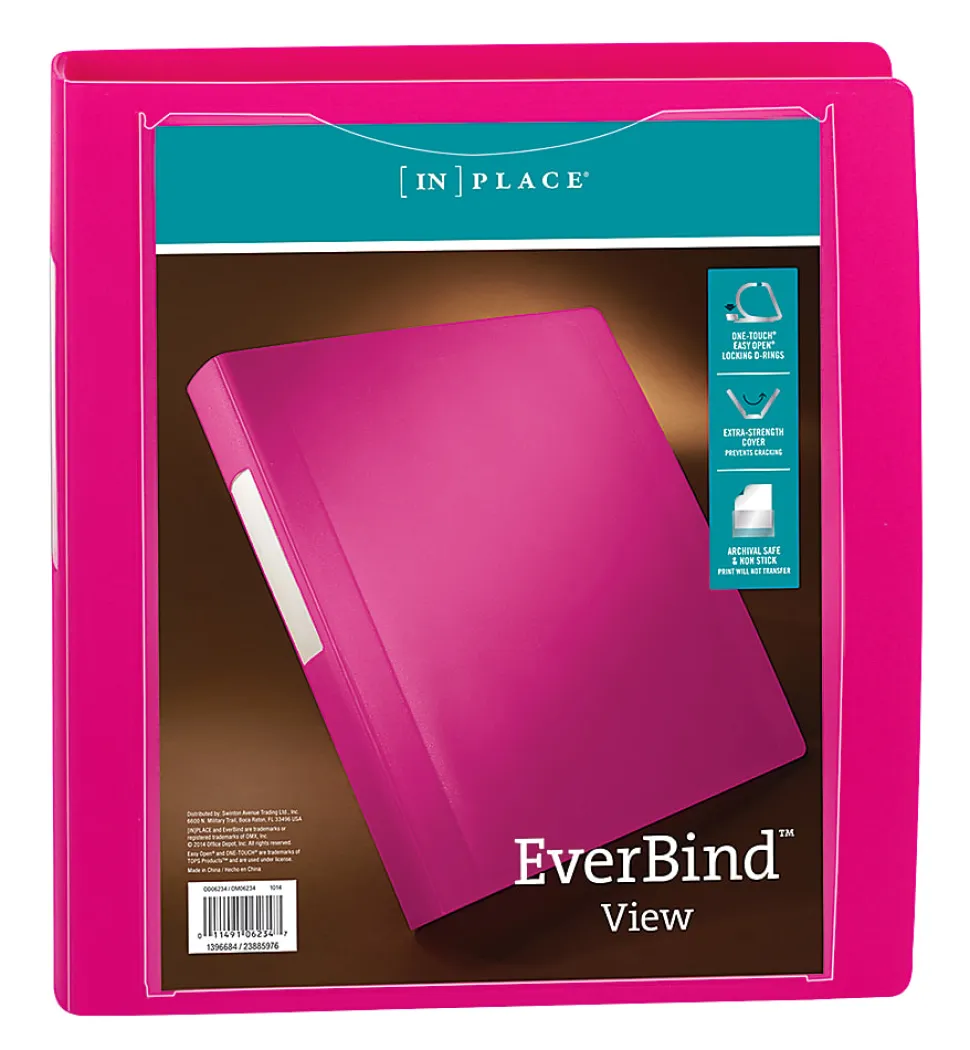 Office Depot® Brand EverBind™ View 3-Ring Binder, 1" D-Rings, Pink
