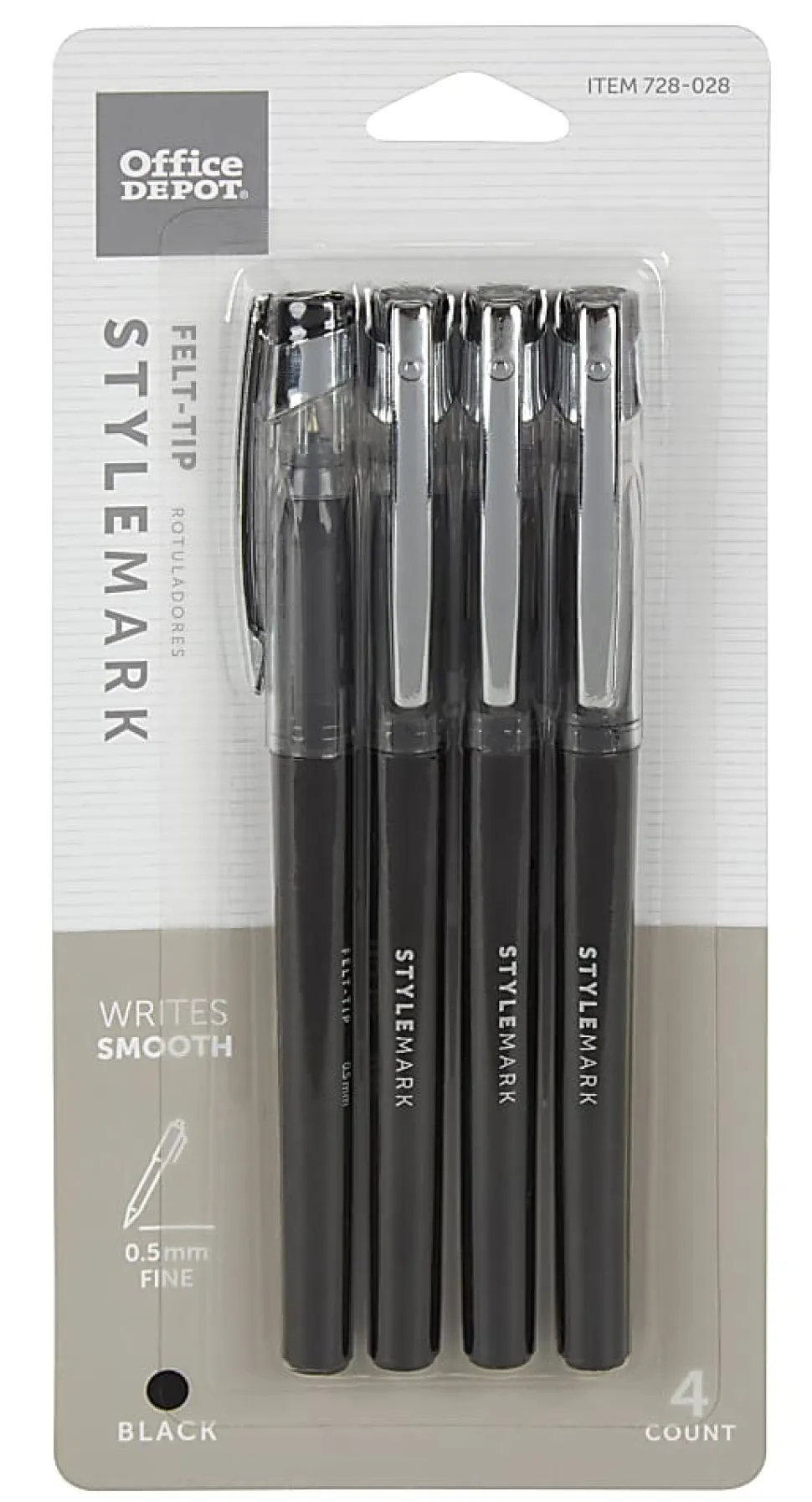 Office Depot® Brand Felt-Tip Pens, Fine Point, 0.5 mm, Black Barrel, Black Ink, Pack Of 4