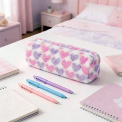 Office DepotĀ® Brand Furry Pencil Pouch, 3-1/2" x 9", Pink/Purple Hearts, Total Quantity 1
