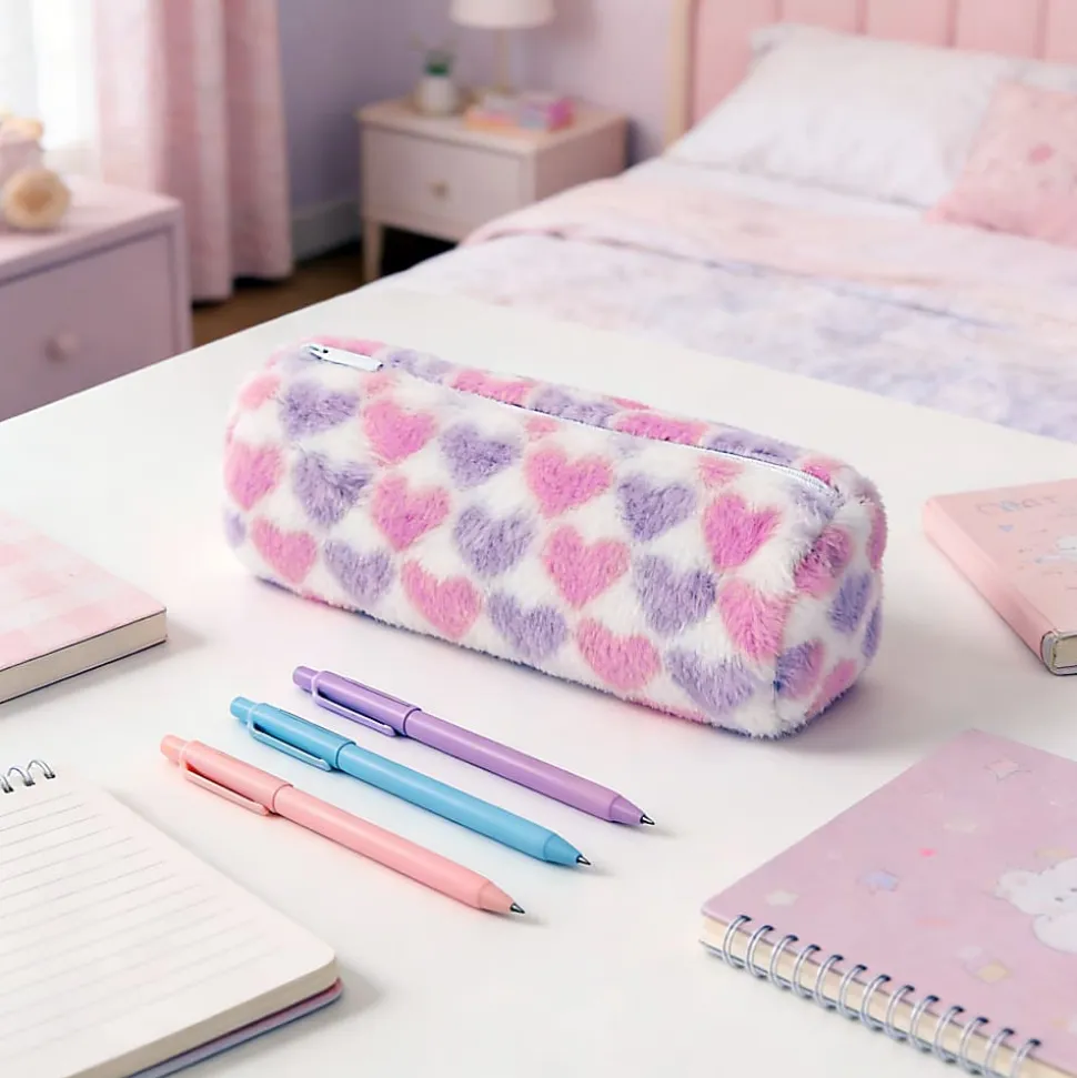 Office Depot® Brand Furry Pencil Pouch, 3-1/2" x 9", Pink/Purple Hearts, Total Quantity 1