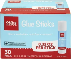 Office DepotĀ® Brand Glue Sticks, 0.32 Oz, Clear, Pack Of 30 Glue Sticks