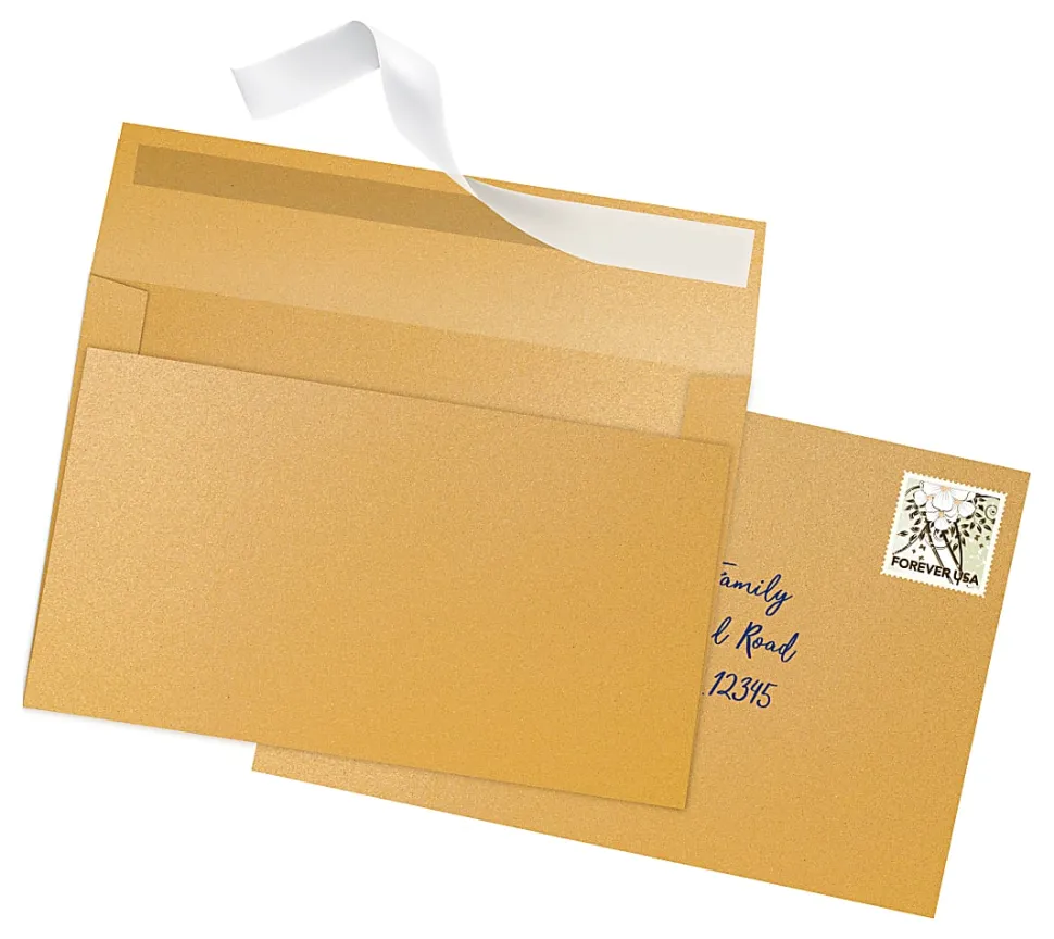 Office Depot® Brand Greeting Card Envelopes, A9, 5-3/4" x 8-3/4", Clean Seal, Gold Pearl, Box Of 25