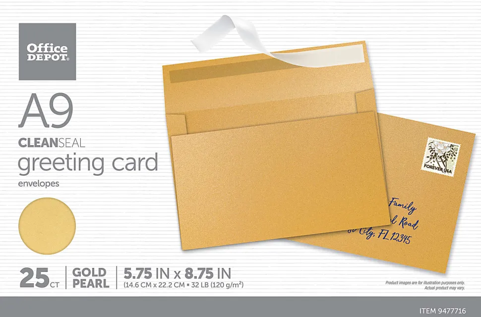 Office Depot® Brand Greeting Card Envelopes, A9, 5-3/4" x 8-3/4", Clean Seal, Gold Pearl, Box Of 25