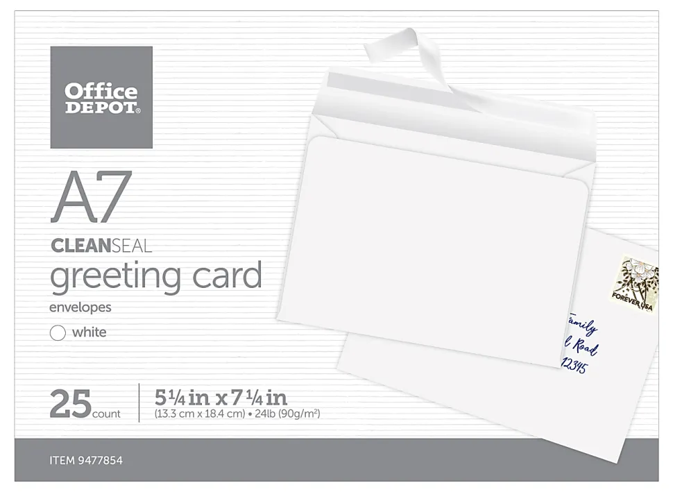 Office Depot® Brand Greeting Card Envelopes, A7, 5-1/4” x 7-1/4”, Clean Seal, White, Box Of 25