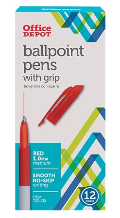 Office DepotĀ® Brand Grip Ballpoint Pens, Medium Point, 1.0 mm, White Barrel, Red Ink, Pack Of 12 Pens