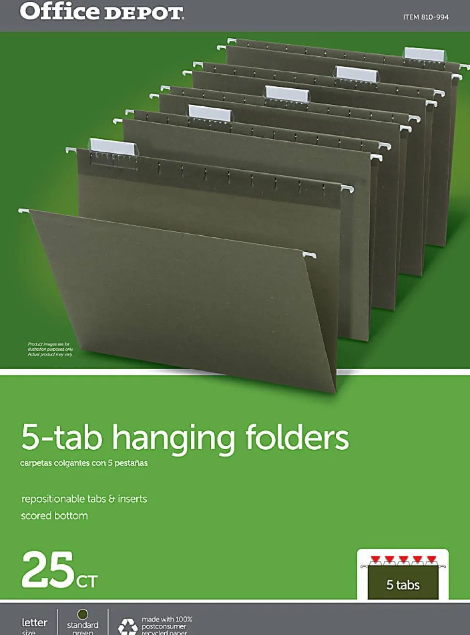 Office Depot® Brand Hanging Folders, 1/5 Cut, Letter Size, 100% Recycled, Green, Pack Of 25