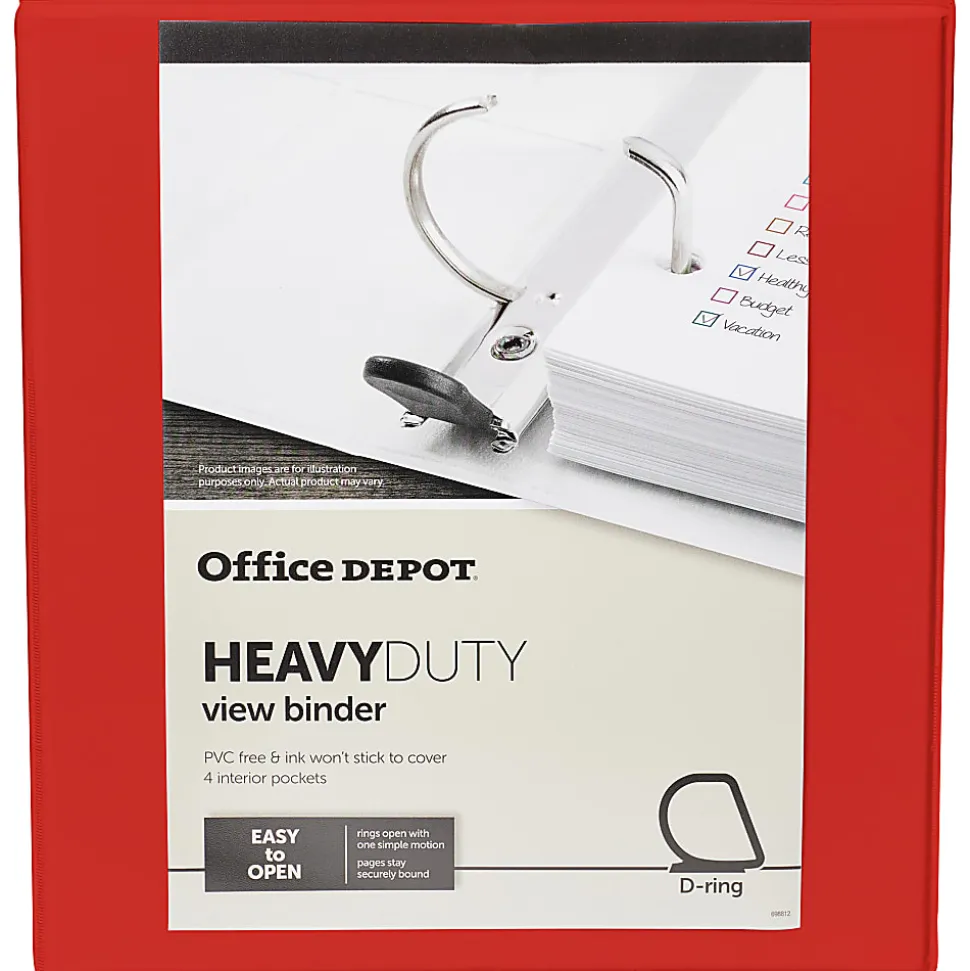 Office Depot® Brand Heavy-Duty View 3-Ring Binder, 1" D-Rings, 49% Recycled, Red