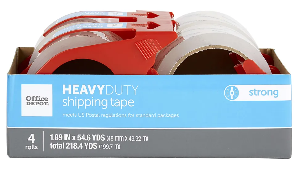 Office Depot® Brand Heavy Duty Shipping Packing Tape With Dispenser, 1.89" x 54.6 Yd, Crystal Clear, Pack Of 4 Rolls