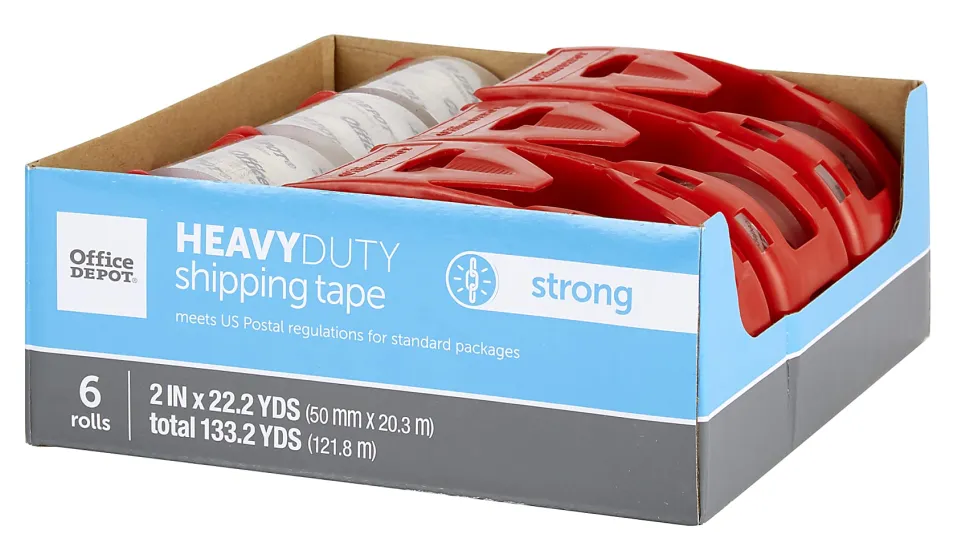 Office Depot® Brand Heavy Duty Shipping Packing Tape With Dispenser, 2" x 22.2 Yd, Crystal Clear, Pack Of 6 Rolls