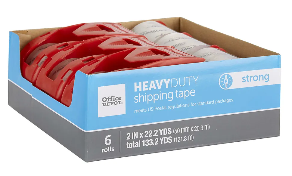 Office Depot® Brand Heavy Duty Shipping Packing Tape With Dispenser, 2" x 22.2 Yd, Crystal Clear, Pack Of 6 Rolls