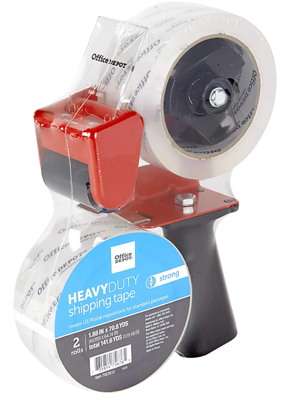 Office Depot® Brand Heavy Duty Shipping Packing Tape With Tape Gun, 1.89" x 70.8 Yd, Crystal Clear, Pack Of 2 Rolls