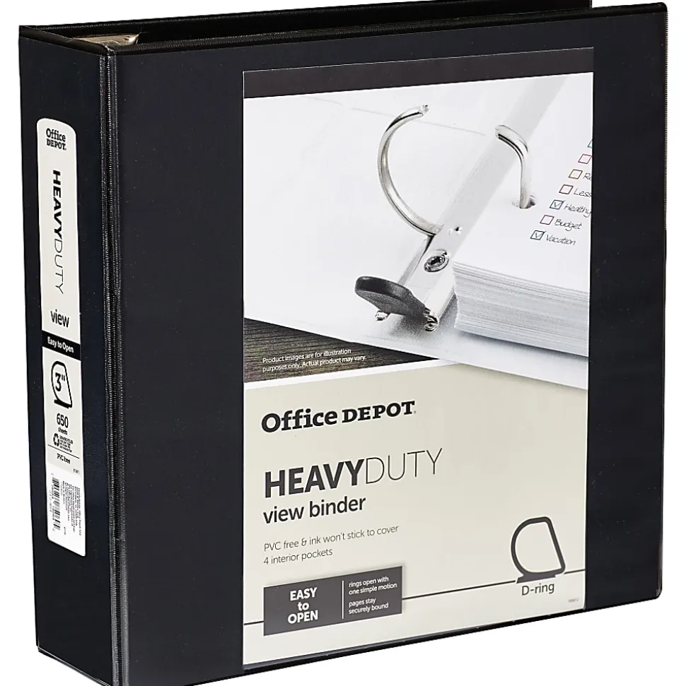 Office Depot® Brand Heavy-Duty View 3-Ring Binder, 3" D-Rings, 49% Recycled, Black
