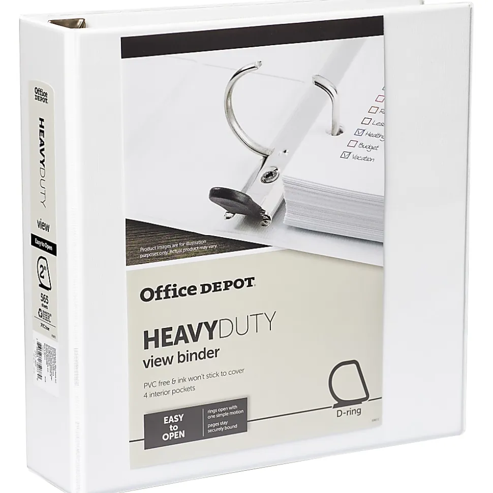 Office Depot® Brand Heavy-Duty View 3-Ring Binder, 2" D-Rings, 49% Recycled, White