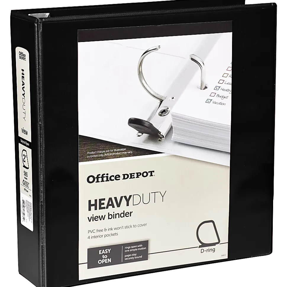Office Depot® Brand Heavy-Duty View 3-Ring Binder, 2" D-Rings, 49% Recycled, Black