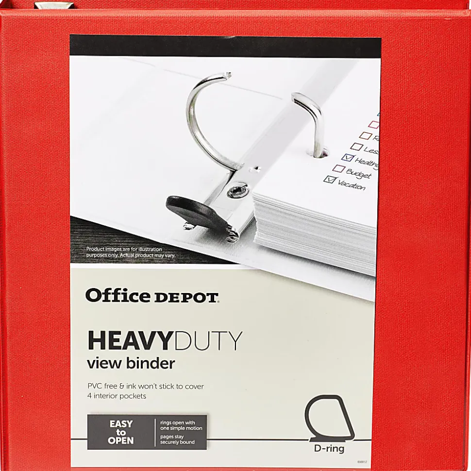 Office Depot® Brand Heavy-Duty View 3-Ring Binder, 2" D-Rings, 49% Recycled, Red
