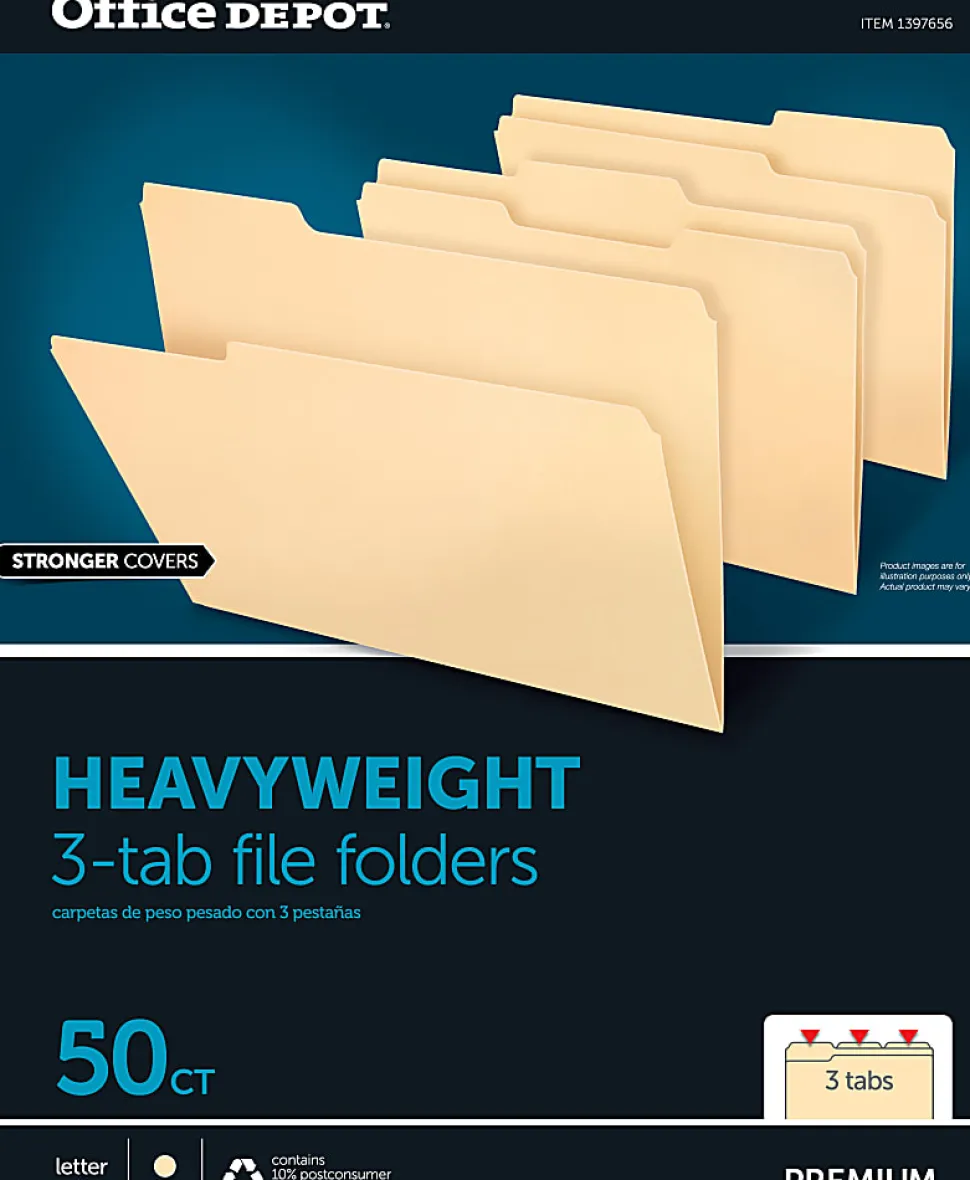 Office Depot® Brand Heavyweight Manila File Folders, 1/3 Cut, Letter Size (8-1/2" x 11"), Manila, Box Of 50 Folders