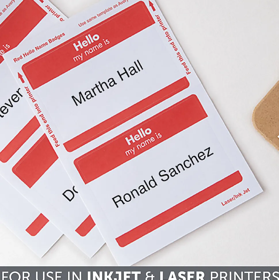 Office Depot® Brand Hello Name Badge Labels, 2 11/32" x 3 3/8", Red Border, Pack Of 100