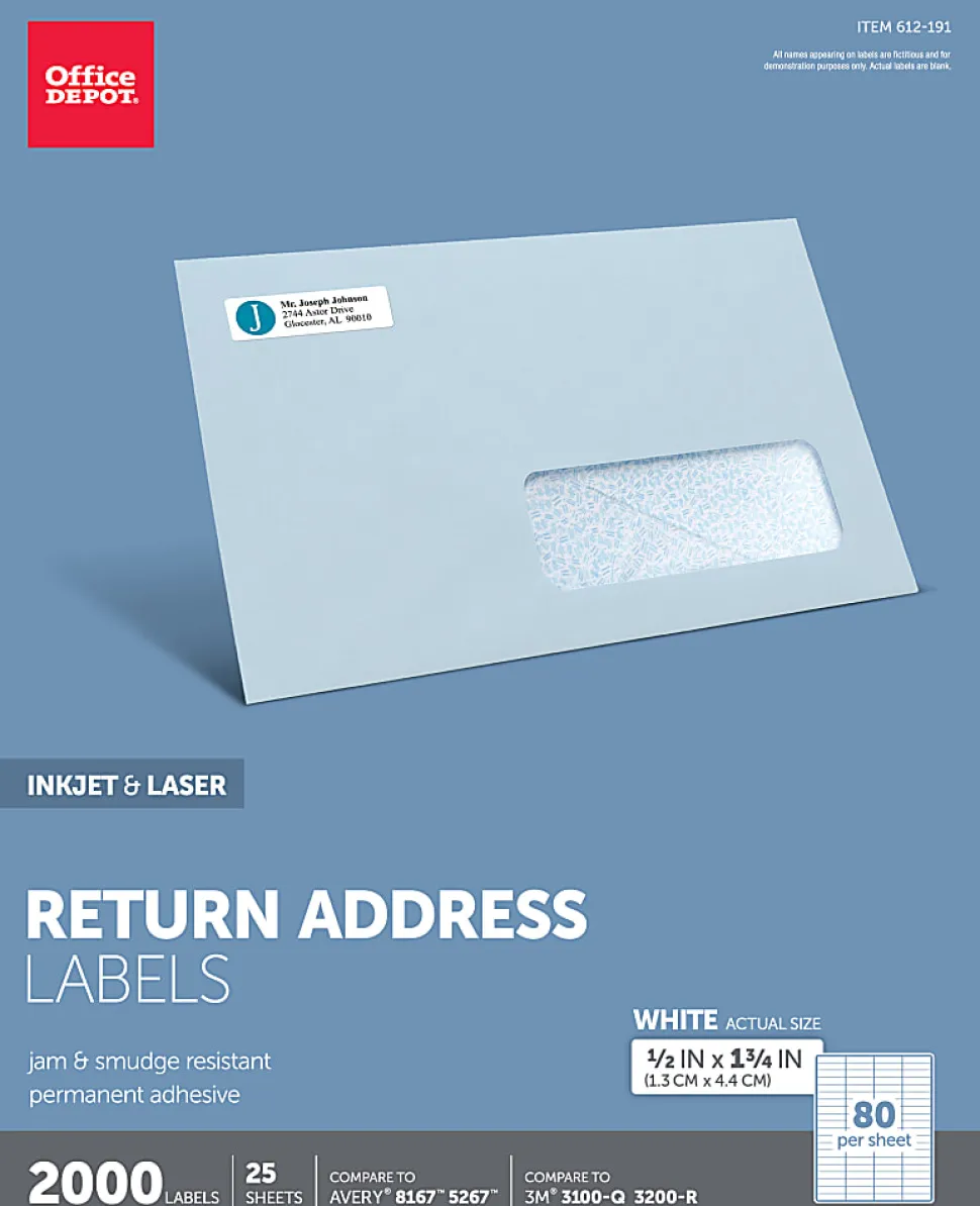 Office Depot® Brand Inkjet/Laser Return Address Labels, Rectangle 1/2" x 1 3/4", White, Pack Of 2,000