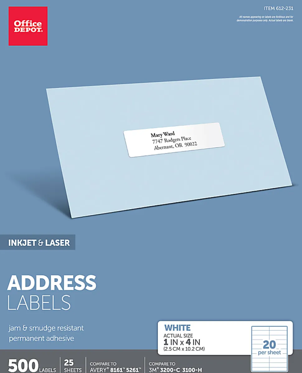 Office Depot® Brand Inkjet/Laser Address Labels, Rectangle, 1" x 4", White, Pack Of 500