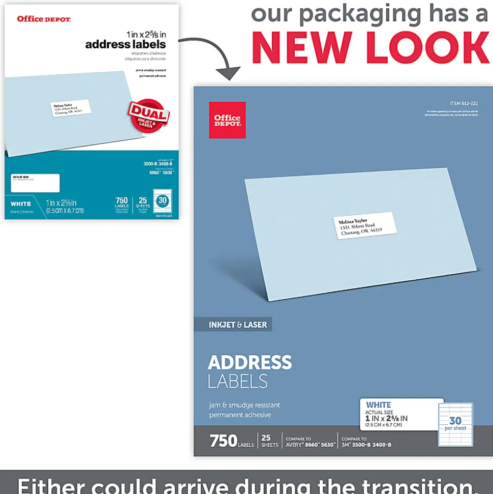 Office Depot® Brand Inkjet/Laser Address Labels, Rectangle, 1" x 2 5/8", White, Pack Of 750
