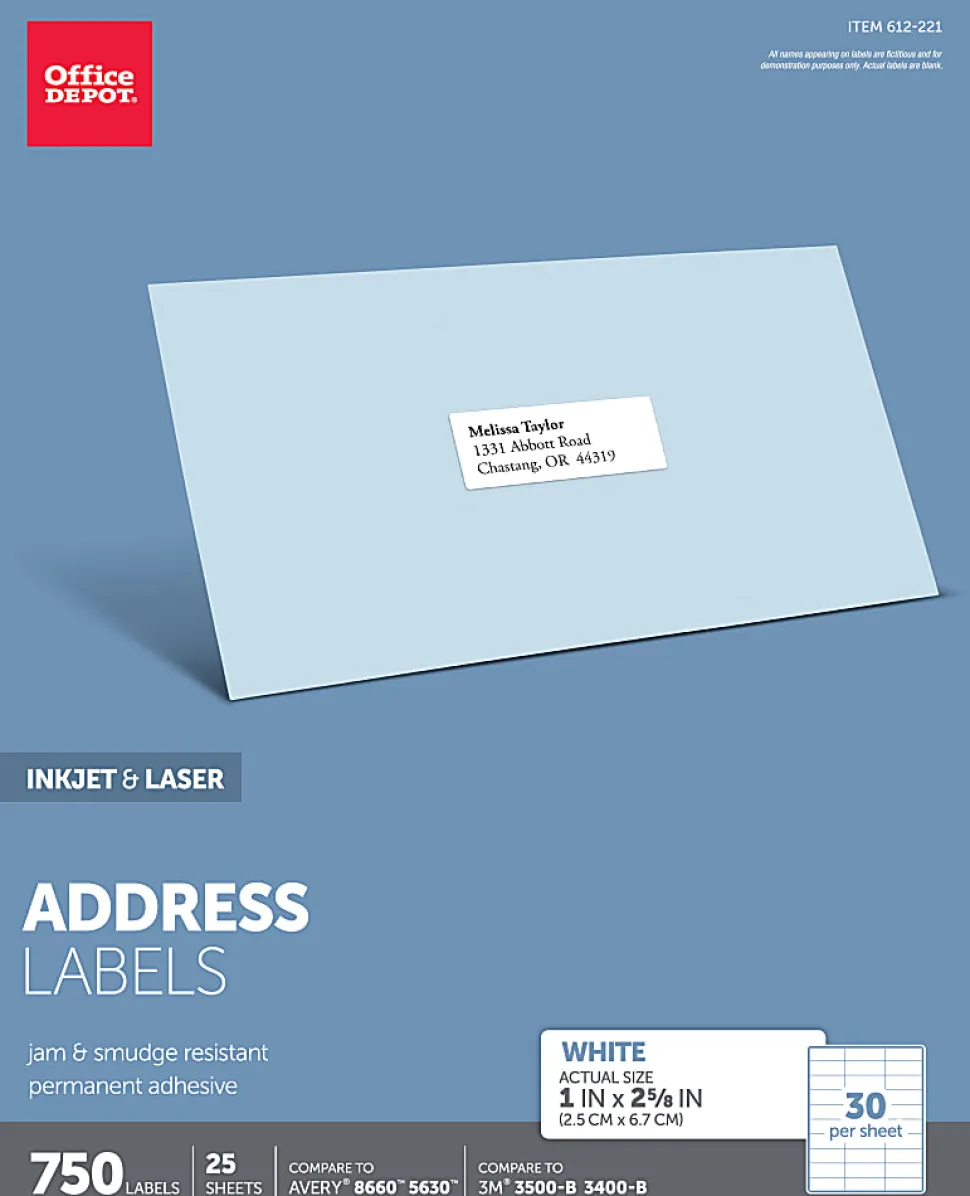Office Depot® Brand Inkjet/Laser Address Labels, Rectangle, 1" x 2 5/8", White, Pack Of 750