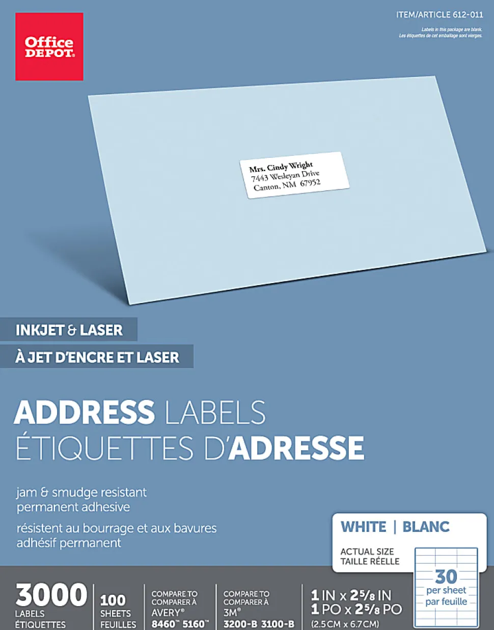 Office Depot® Brand Inkjet/Laser Address Labels, Rectangle, 1" x 2 5/8", White, Pack Of 3,000