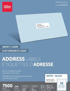 Office DepotĀ® Brand Inkjet/Laser Address Labels, Rectangle, 2" x 4", White, Pack Of 7,500
