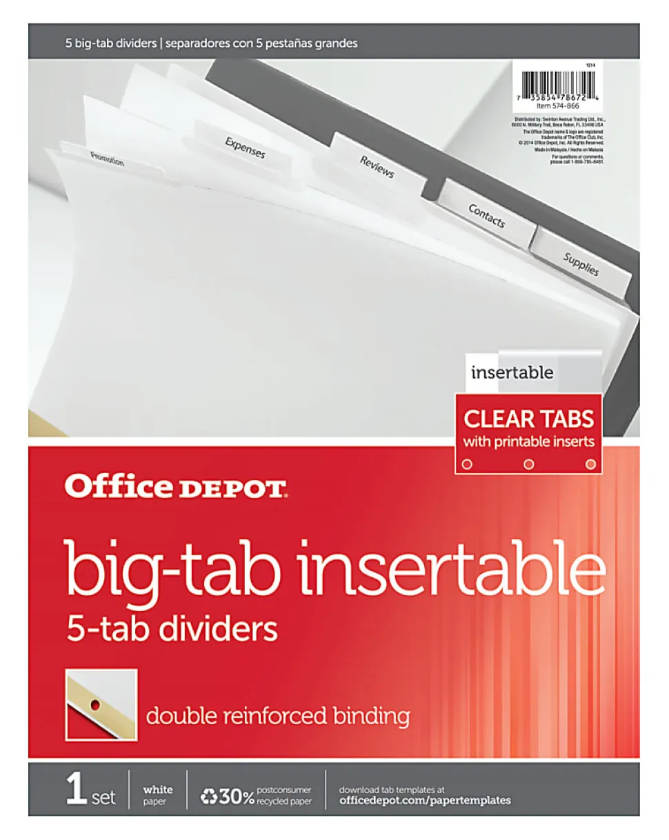Office Depot® Brand Insertable Dividers With Big Tabs, White, Clear Tabs, 5-Tab