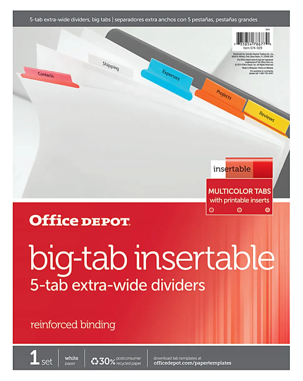 Office Depot® Brand Insertable Extra-Wide Dividers With Big Tabs, Assorted Colors, 5-Tab