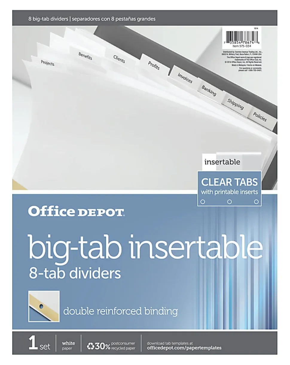 Office Depot® Brand Insertable Dividers With Big Tabs, White, Clear Tabs, Set Of 8