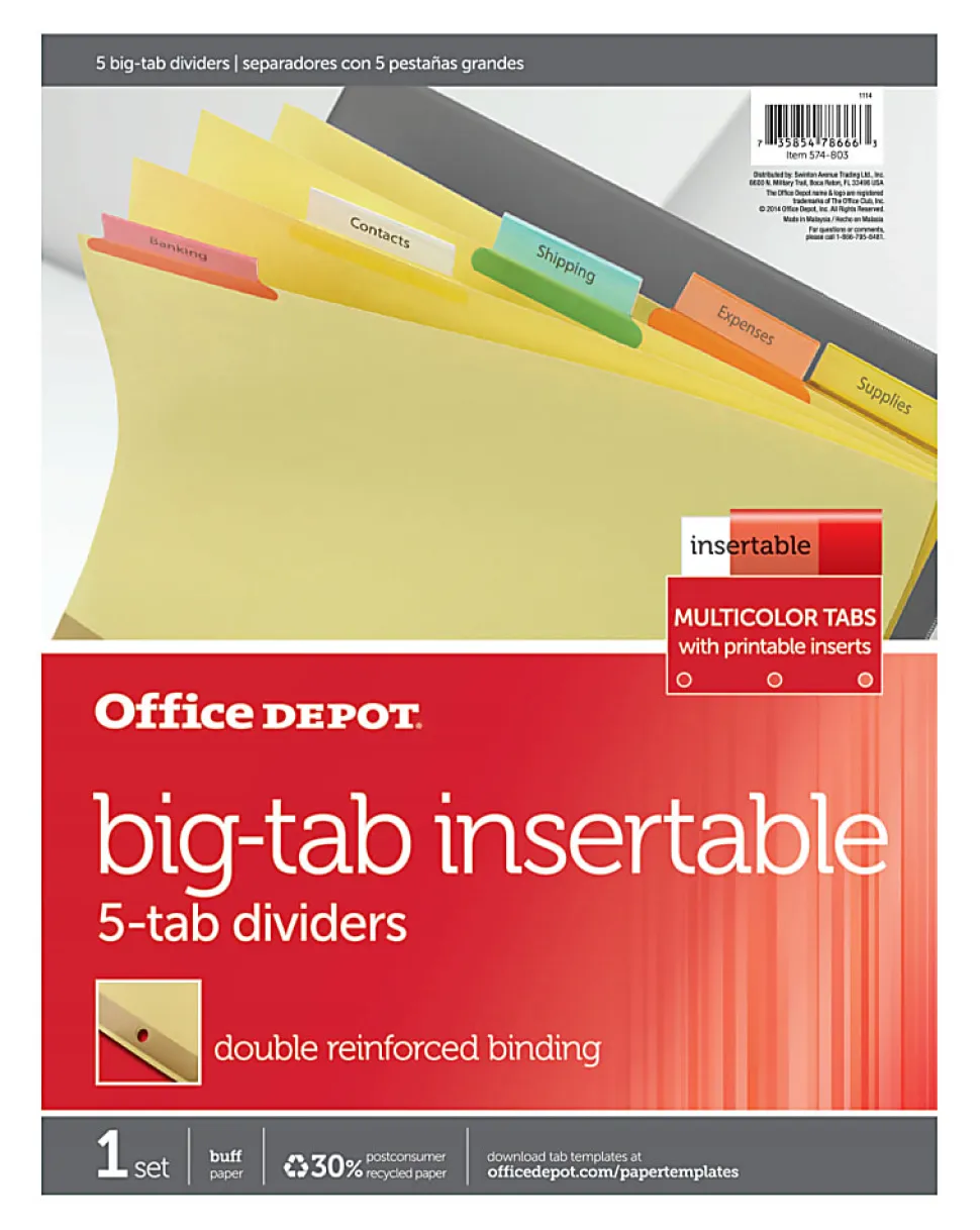 Office Depot® Brand Insertable Dividers With Big Tabs, Buff, Assorted Colors, 5-Tab