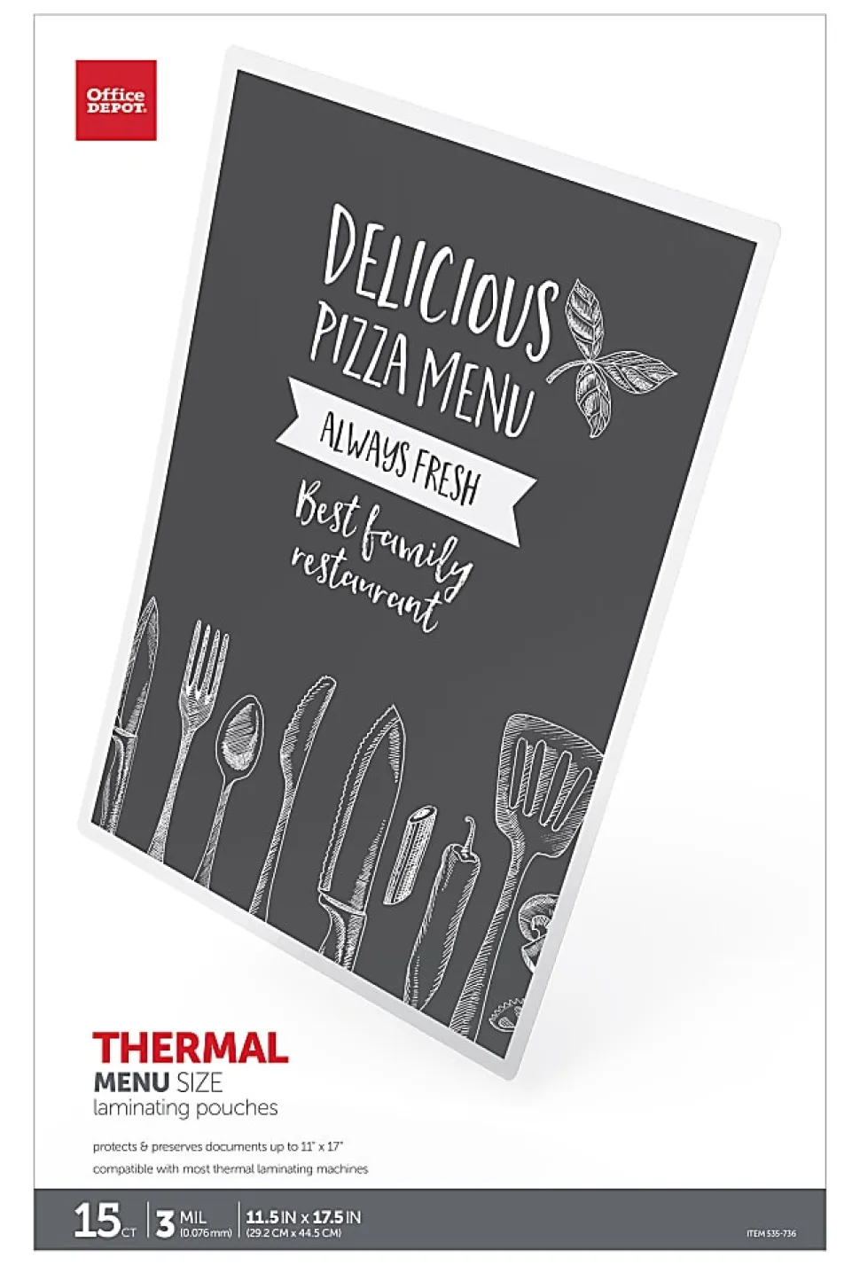 Office Depot® Brand Laminating Pouches, Menu Size, 3 Mil, 11-1/2" x 17-1/2", Pack Of 15